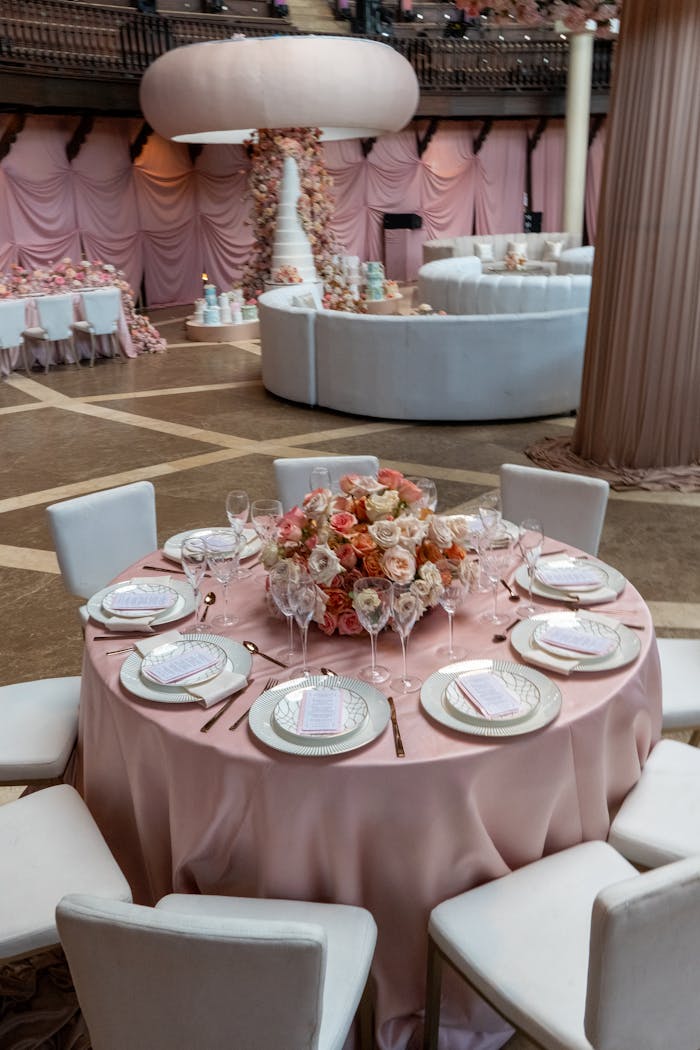 Luxurious pink-themed wedding reception table setting with floral centerpiece in an elegant venue.
